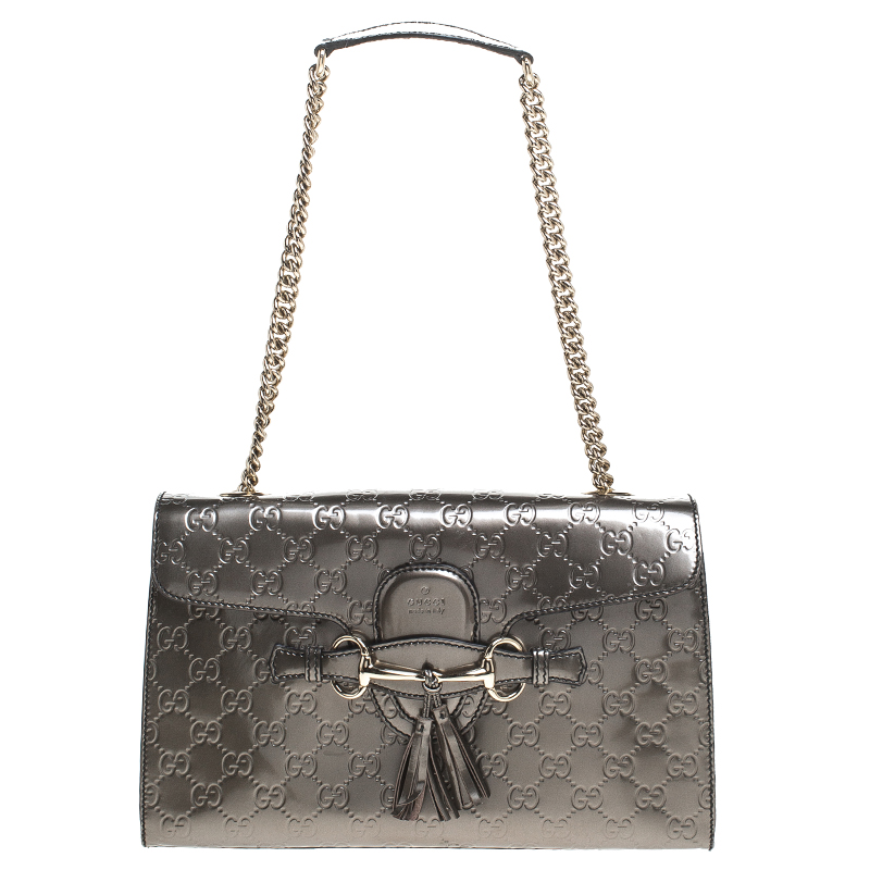 Pre Owned Gucci Olive Green Guccissima Patent Leather Medium Emily Chain Shoulder Bag