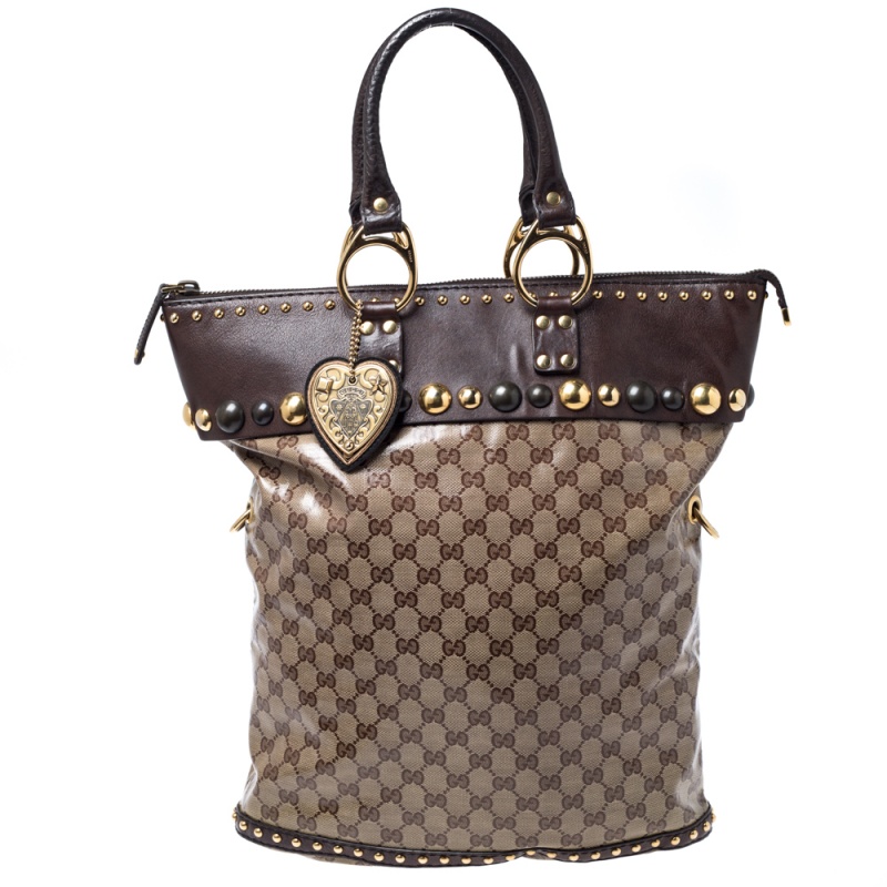 Pre Owned Gucci Beige/Brown GG Crystal Canvas and Leather Medium Babouska Studded Tote
