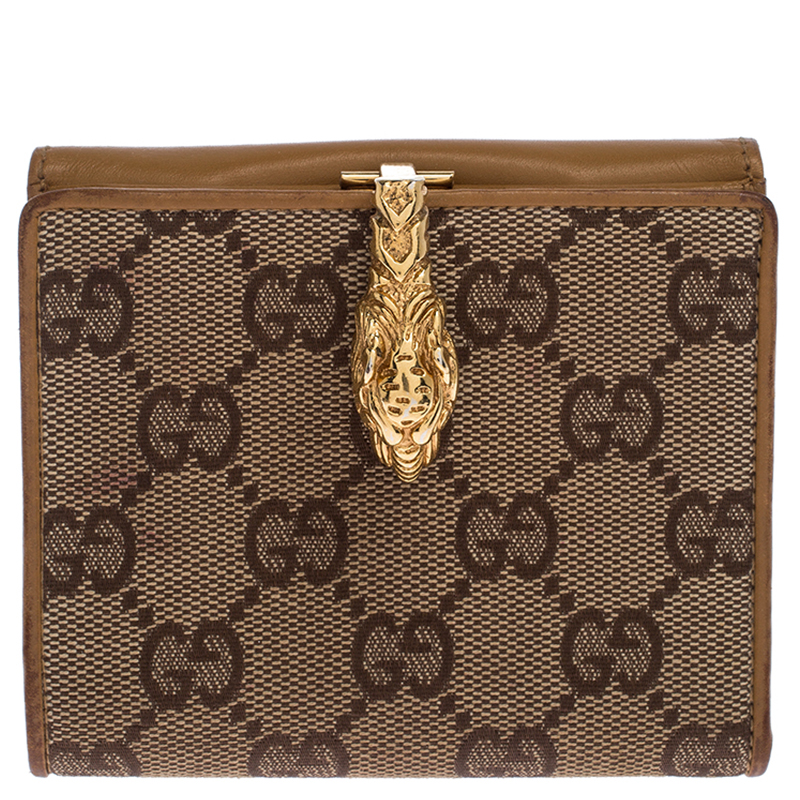 Gucci Beige GG Canvas  and Leather Dragon Head Flap Wallet