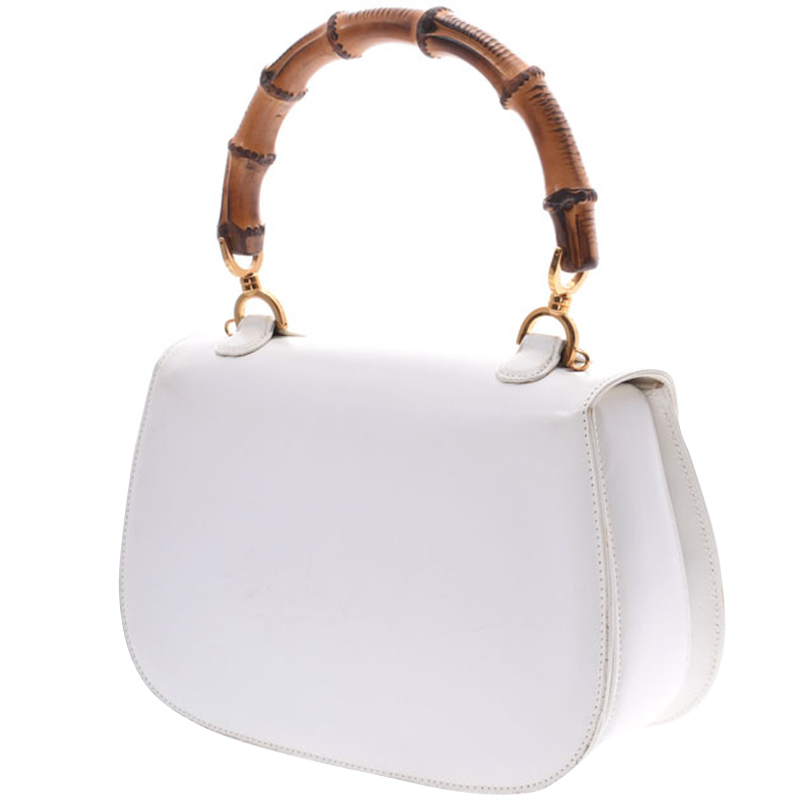 

Gucci White Leather Bamboo Top Handle Bag