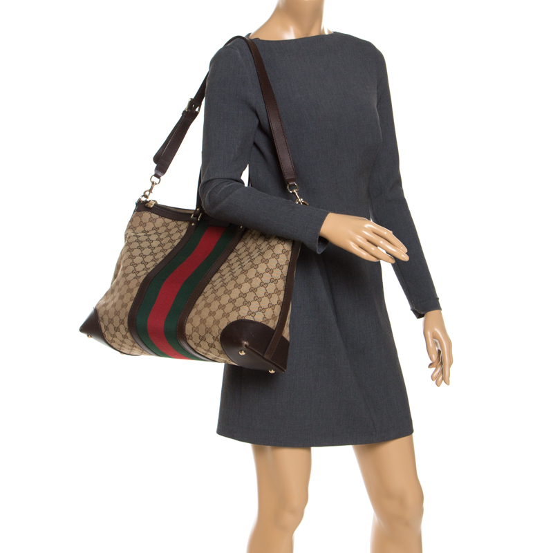 

Gucci Beige Ebony GG Canvas and Leather Web Tote