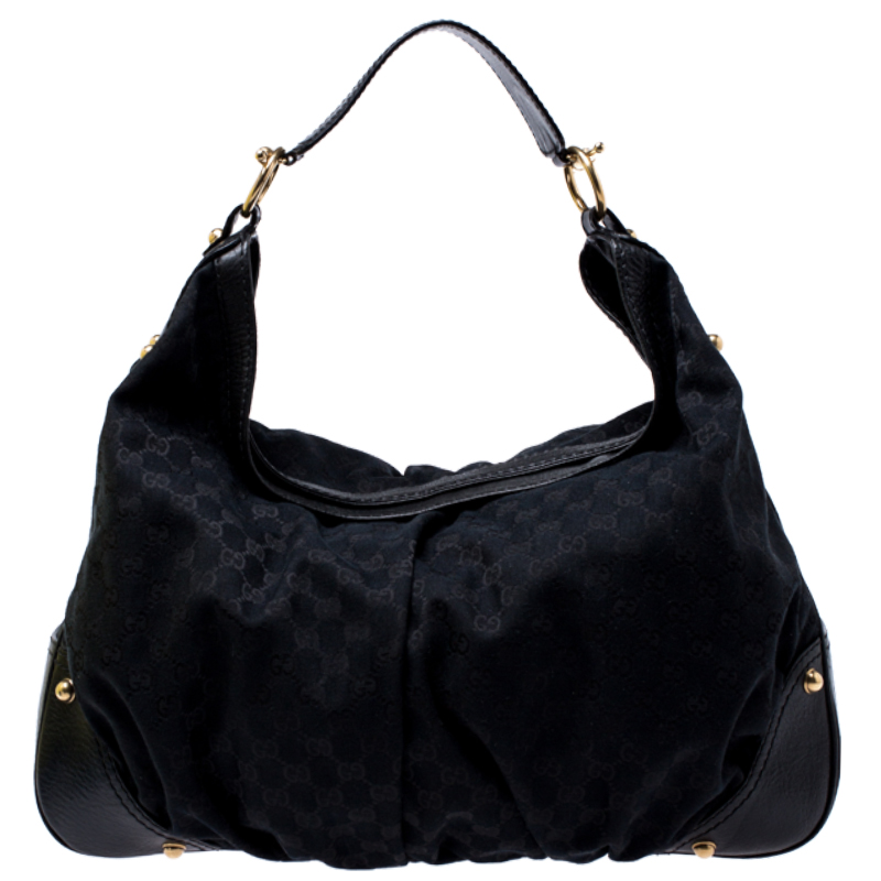 Pre Owned  GG حقيبة يد هوبو غوتشي جوكي كانفاس سوداء كبيرة