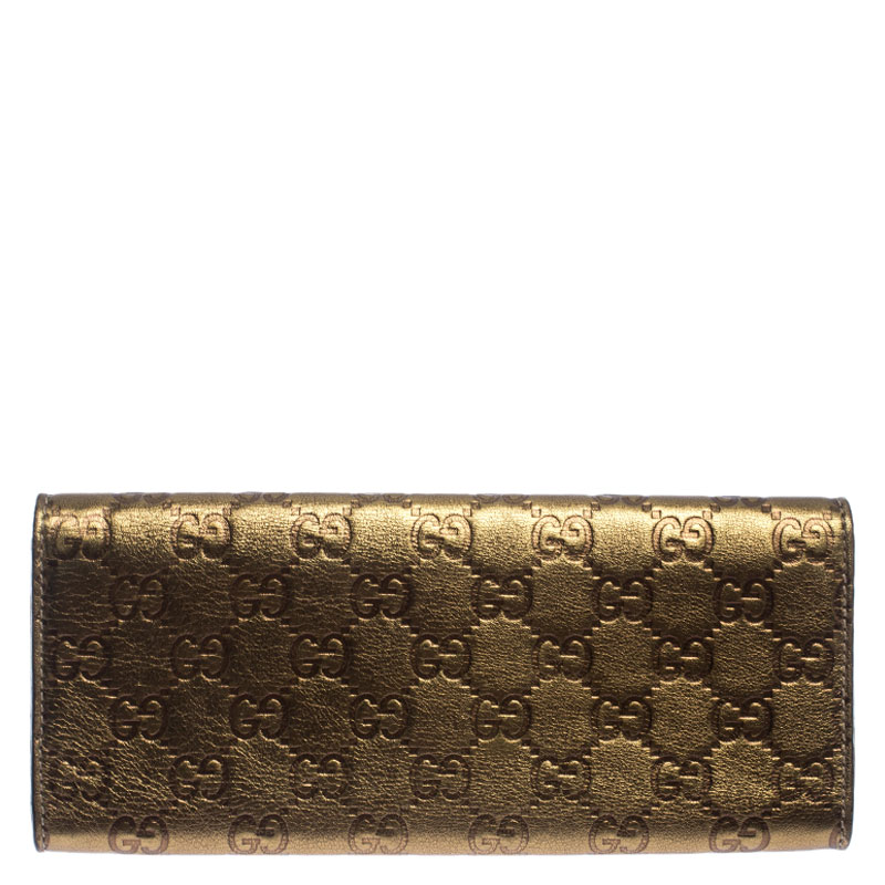 Pre-owned Gucci Ssima Leather Buckle Continental Wallet In Gold