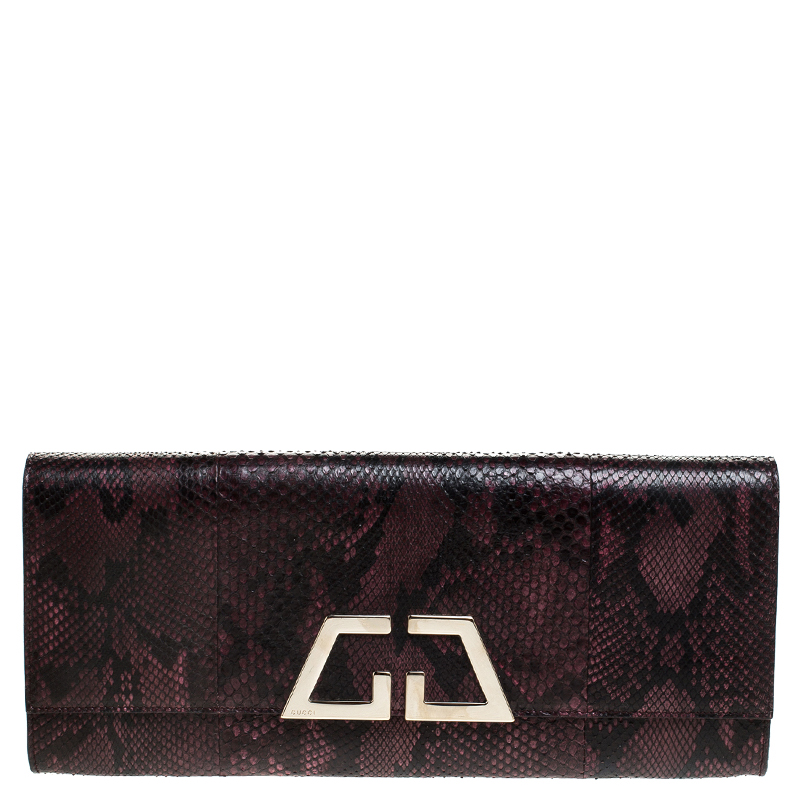 Pre Owned Gucci Burgundy/Black Snakeskin G Night Flap Clutch