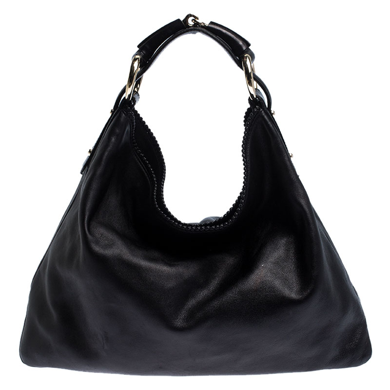Pre Owned Gucci Black Leather Horsebit Hobo