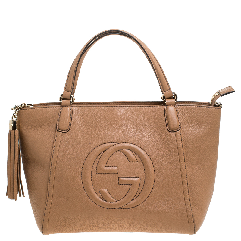 Pre Owned Gucci Beige Pebbled Leather Soho Working Tote