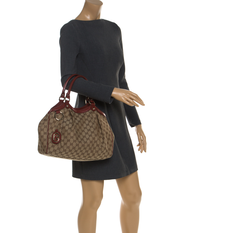 

Gucci Beige/Maroon GG Canvas and Leather Sukey Tote, Brown