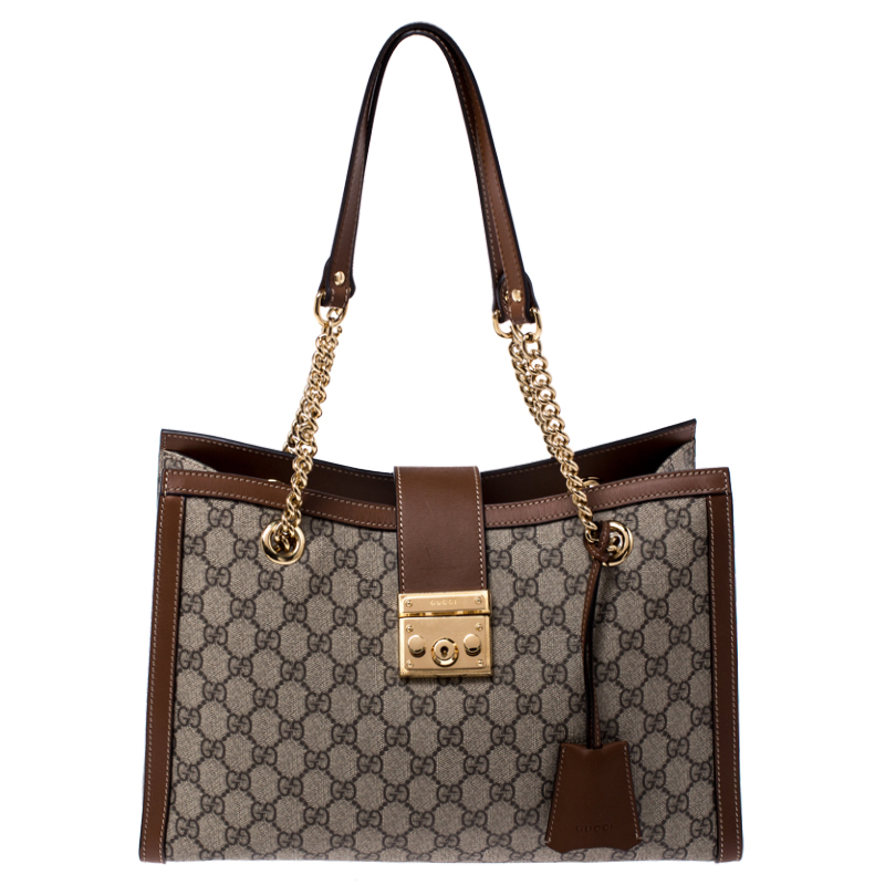 Pre Owned Gucci Beige/Brown GG Supreme Canvas Padlock Medium Tote