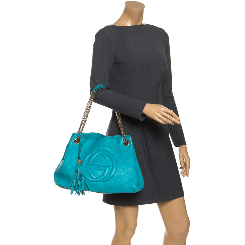 

Gucci Turquoise Pebbled Leather Medium Soho Tote, Blue