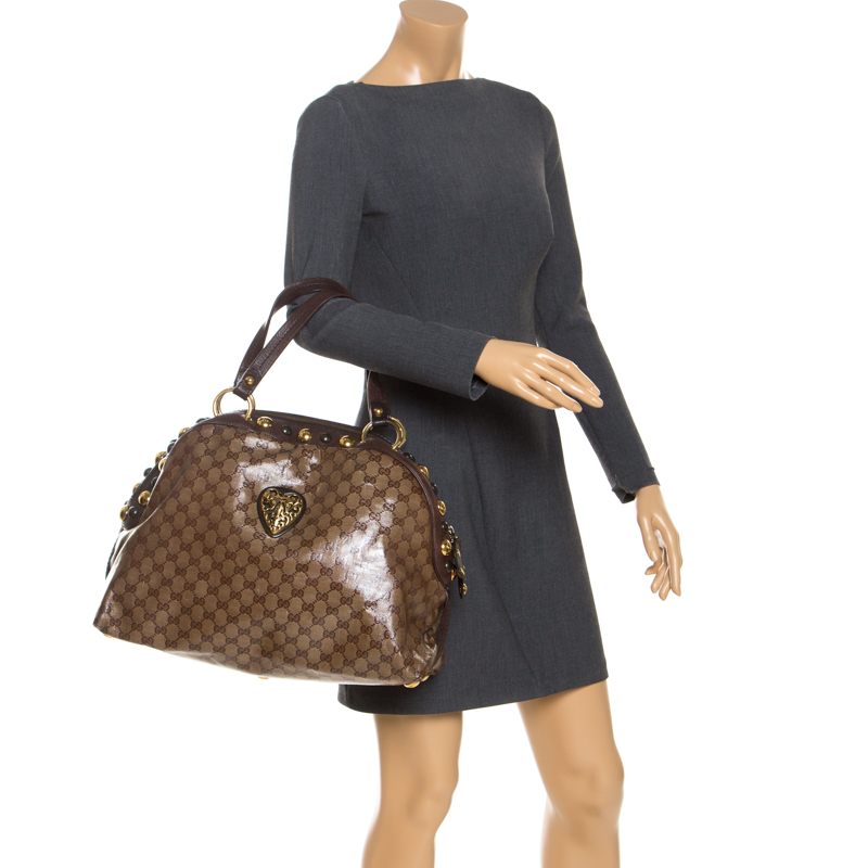 

Gucci Beige/Brown GG Crystal Canvas Large Babouska Crest Dome Bag