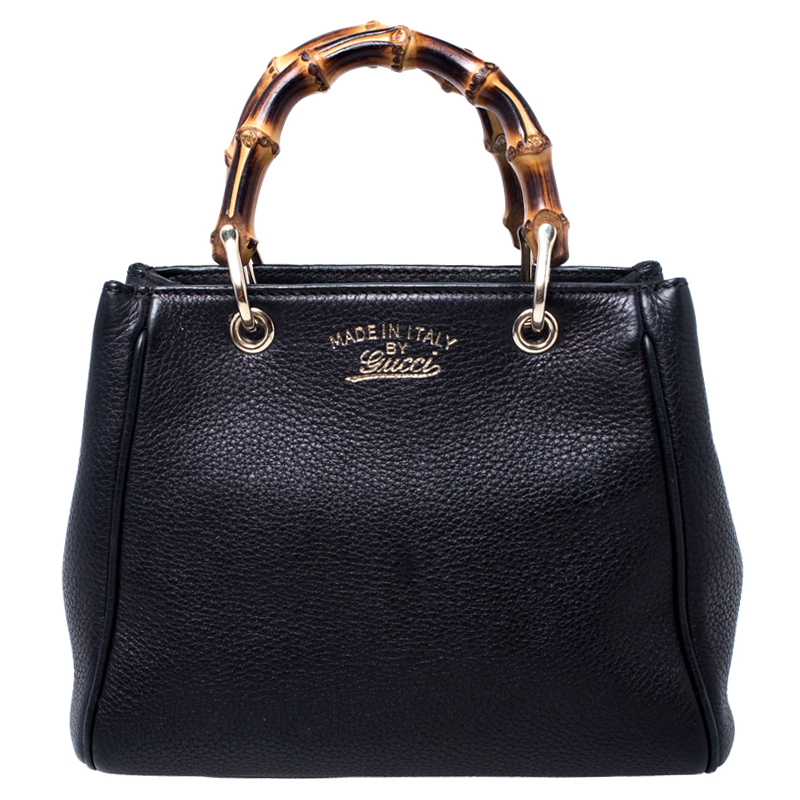 Pre Owned Gucci Black Leather Mini Bamboo Top Handle Bag