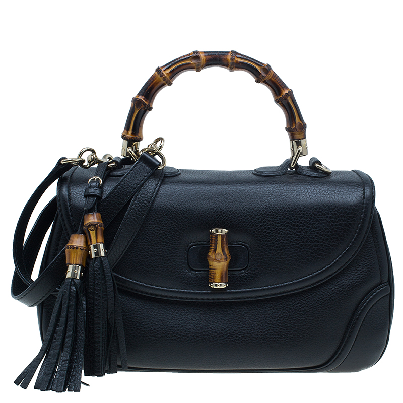 Pre Owned Gucci Black Leather Large Bamboo Top Handle Bag