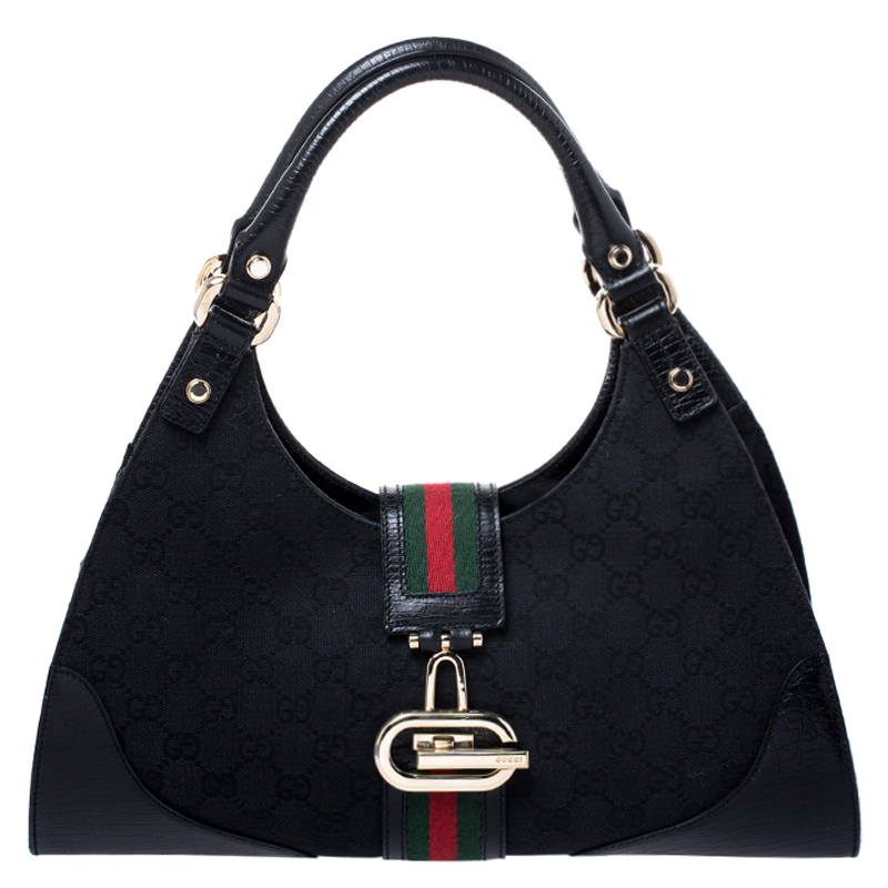 Pre Owned Gucci Black Fabric And Leather GG Supreme Web Hobo