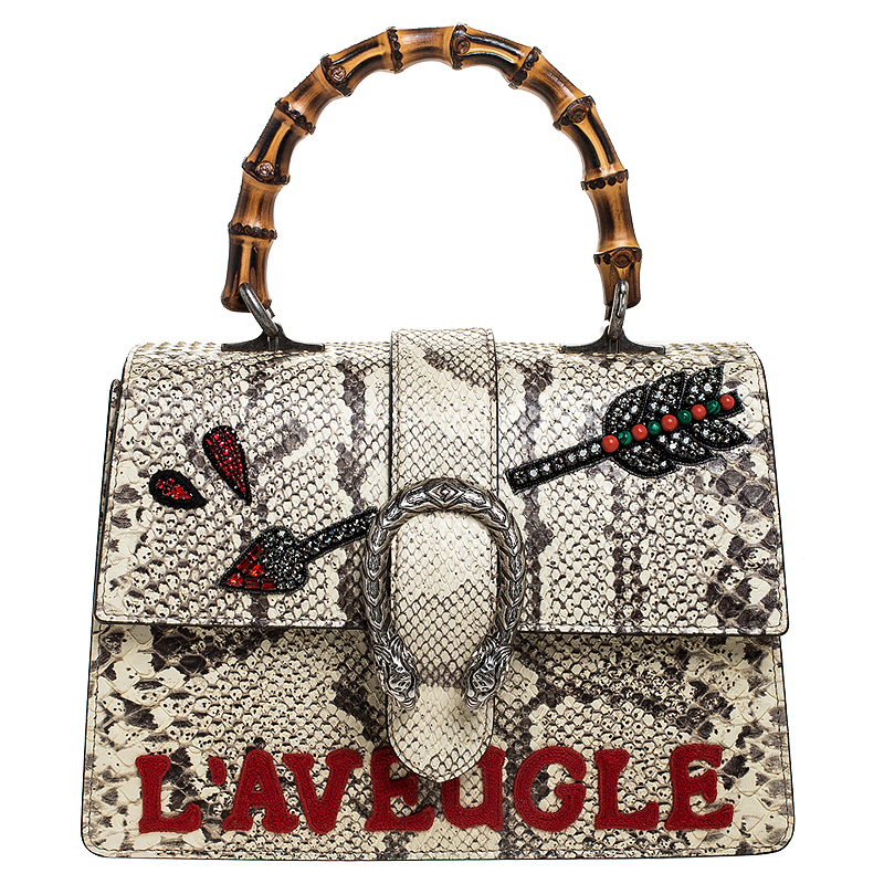 Pre Owned Gucci Cream Embroidered Python Medium Dionysus Bamboo Top Handle Bag 