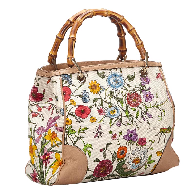 

Gucci White Canvas Bamboo Flora Satchel