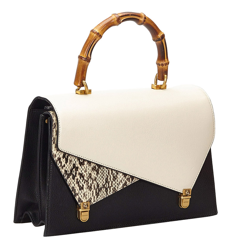 

Gucci White Python and Leather Ottilia Bamboo Top Handle Bag, Black