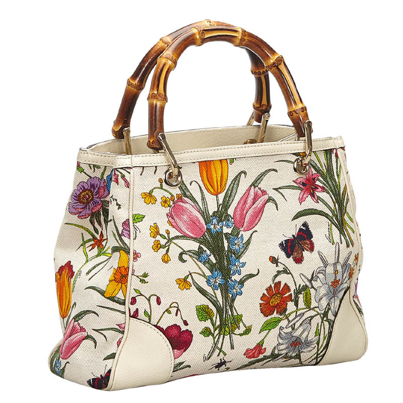 

Gucci White Canvas Bamboo Flora Satchel