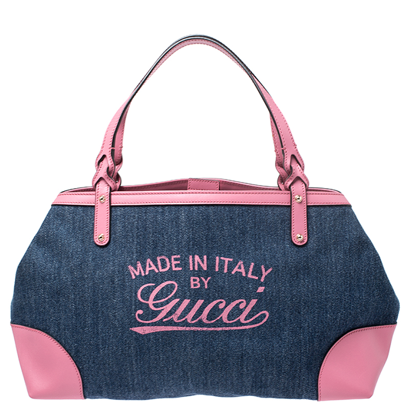 Pre-owned Gucci Blue/pink Denim And Leather Hawaii Tote