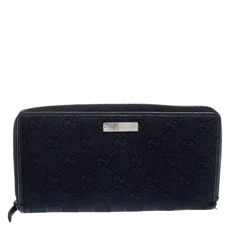 Gucci Black GG Canvas and Leather Zip Around Wallet