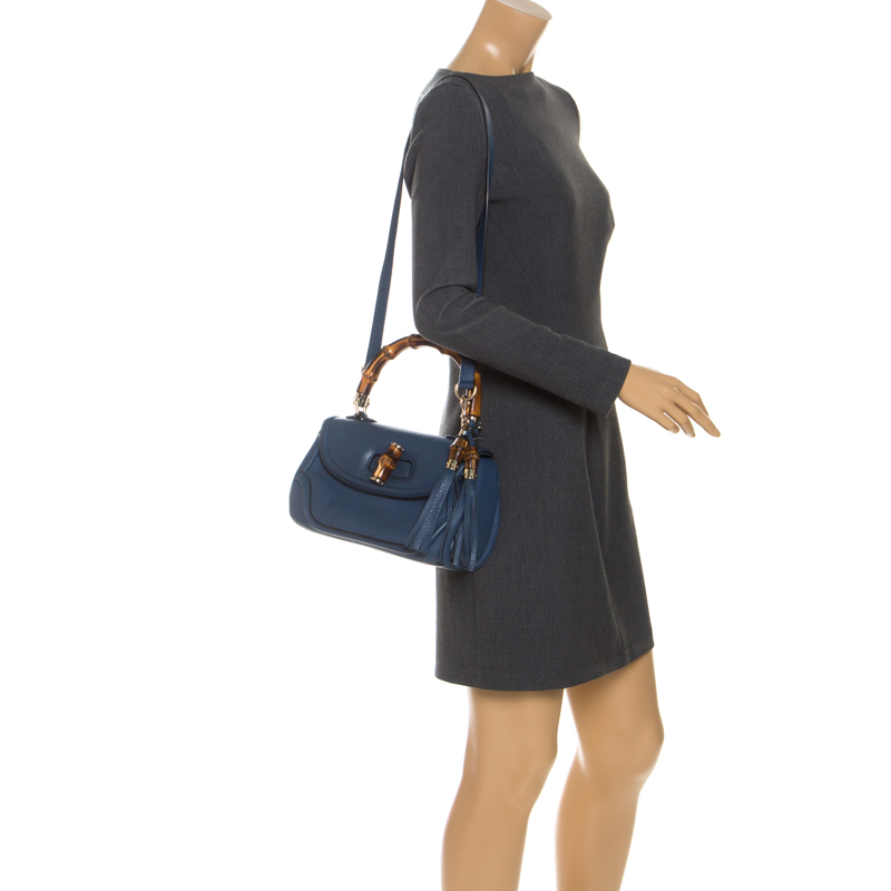 

Gucci Blue Leather  Tassel New Bamboo Top Handle Bag