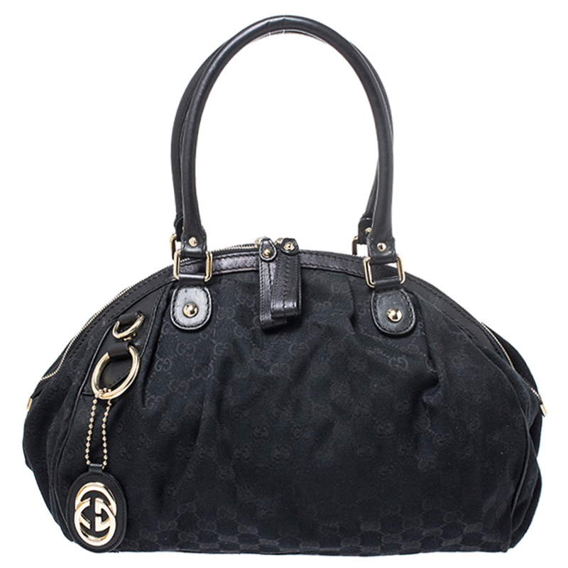 مملوكة مسبقًا حقيبة غوتشي Sukey Boston متوسطة جلد وكانفاس GG سوداء