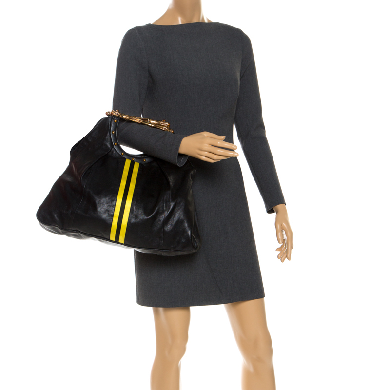 

Gucci Black Leather Yellow Striped Metal Bamboo Tote