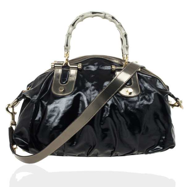 Pre Owned Gucci Black Coated Canvas Pop Bamboo Handle Bag