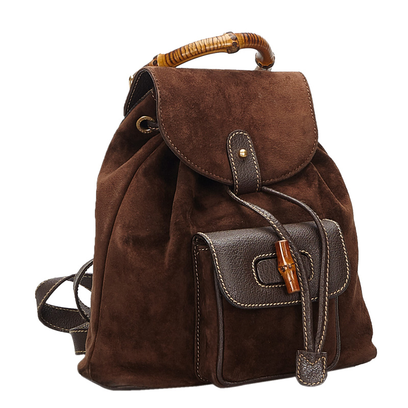 

Gucci Brown Suede Bamboo Drawstring Backpack