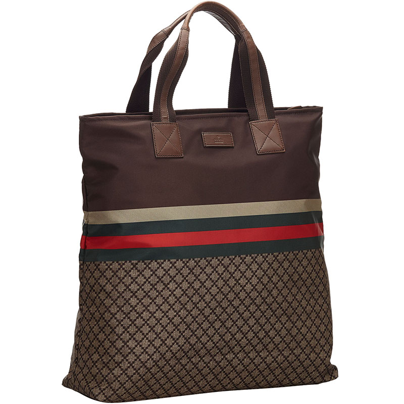 

Gucci Brown/Beige Web Diamante Nylon Tall Zip Tote