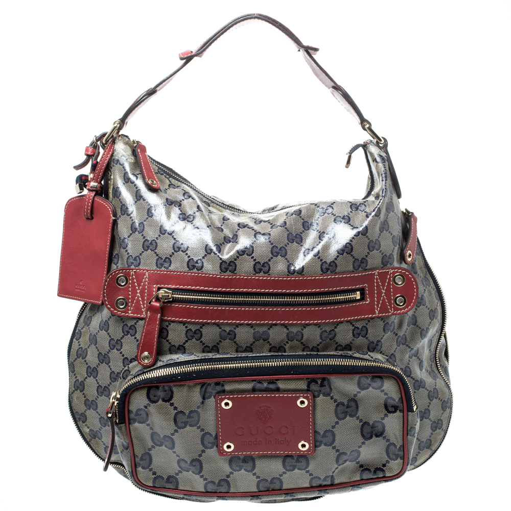 Gucci Navy Blue/Red Crystal Coated Canvas and Leather Voyager Hobo Bag