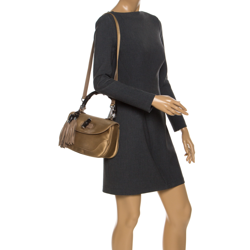 

Gucci Gold Satin and Leather Bamboo Top Handle Bag, Beige