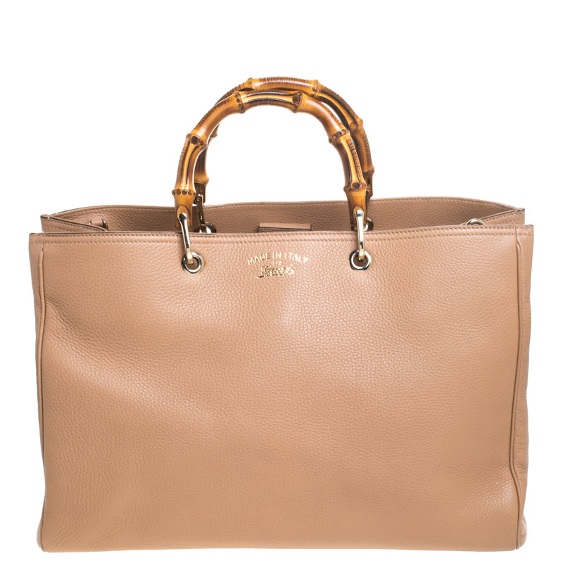 مملوكة مسبقًا حقيبة يد غوتشي شوبر بيد علوية بامبو جلد بيج داكنة كبيرة