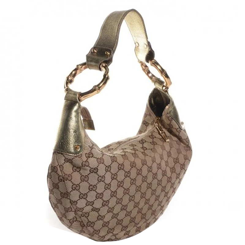 

Gucci Brown GG Canvas Gold Bamboo Ring Hobo Bag
