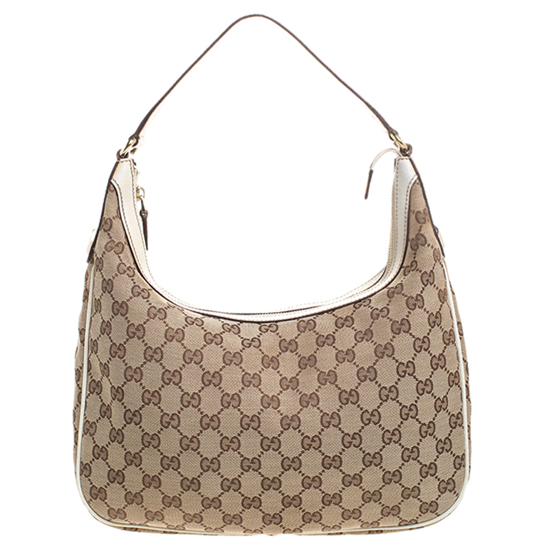 Pre Owned Gucci Beige/White GG Canvas and Leather Charmy Hobo