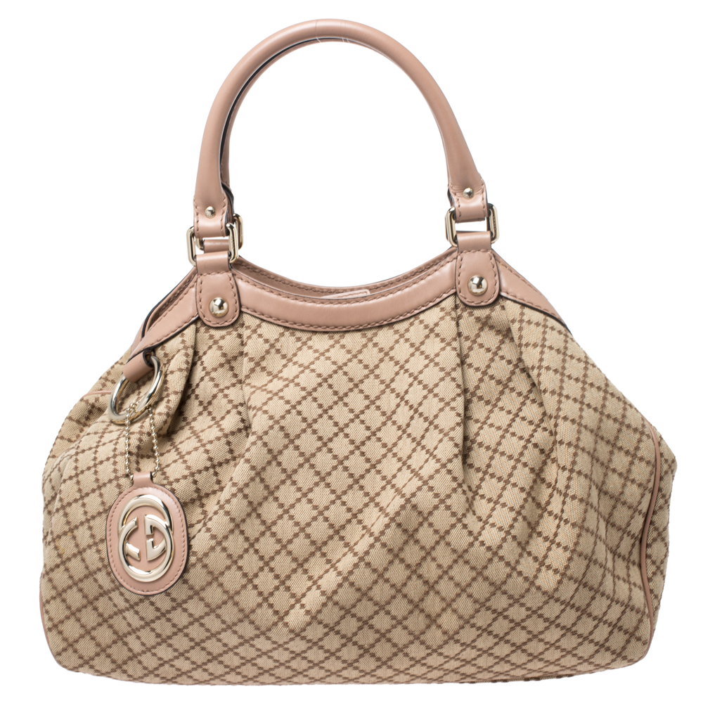 Pre Owned Gucci Beige Diamante Canvas and Leather Medium Sukey Tote 