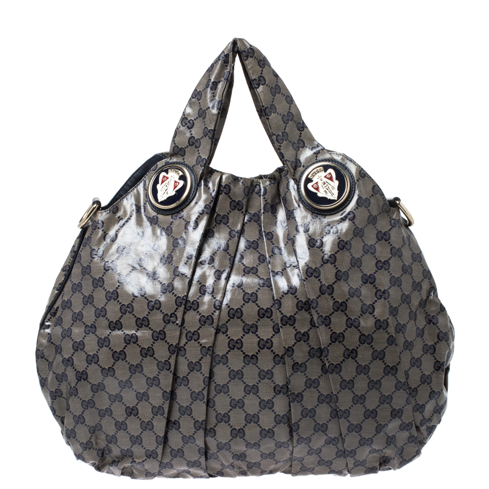 Pre-owned Gucci Navy Blue/beige Gg Crystal Canvas Large Hysteria Hobo