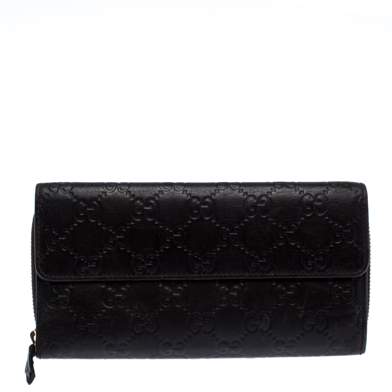 Gucci Dark Brown Guccissima Leather Flap Zip Around Continental Wallet