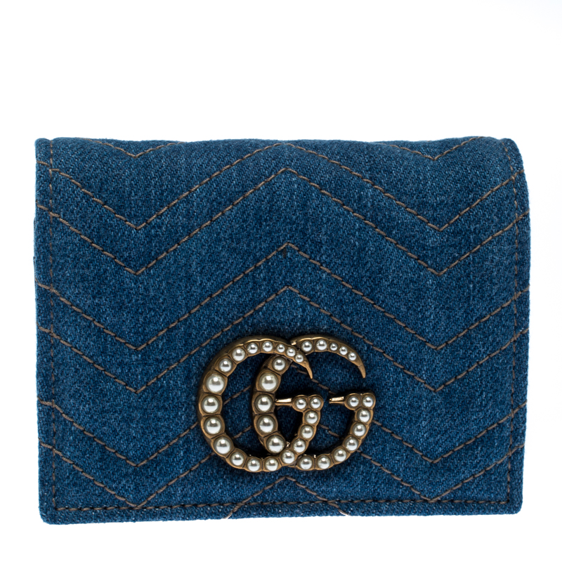 Pre-owned Gucci Blue Matelasse Denim Gg Pearl Marmont Compact Wallet