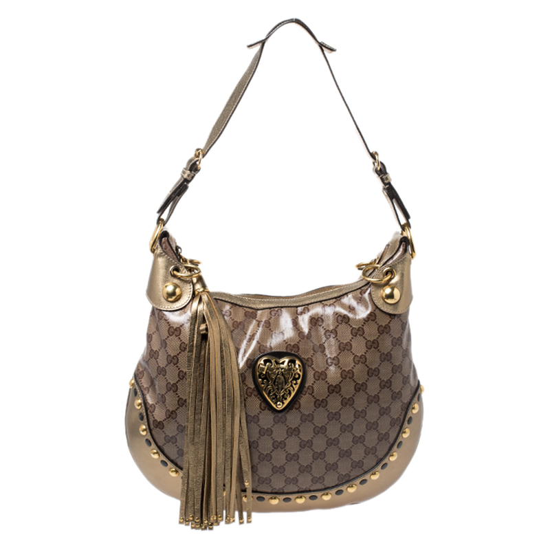 مملوكة مسبقًا Gucci Gold GG Crystal Canvas Babouska Heart Hobo