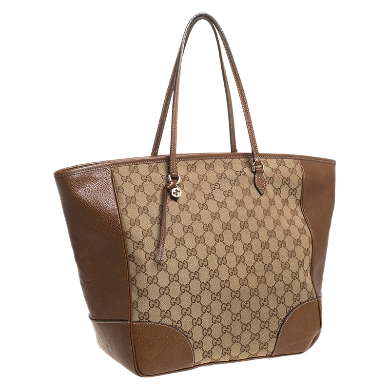 Gucci Large Bree Beige/Ebony GG Canvas Leather Tote Bag w/charm -  MyDesignerly