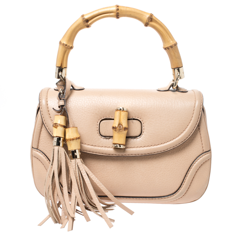 Pre Owned Gucci Beige Leather Bamboo Top Handle Bag