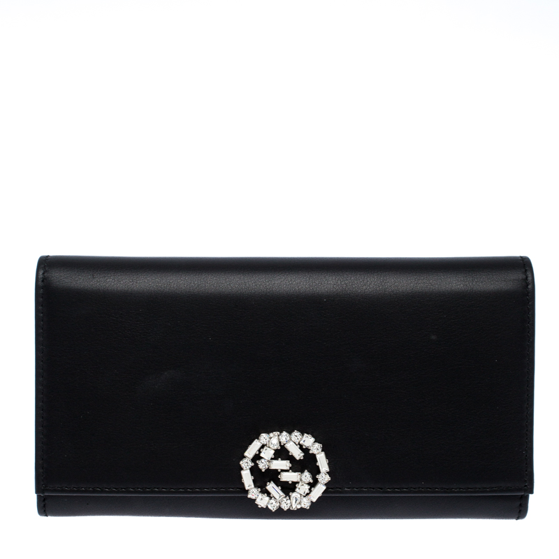 Pre-owned Gucci Black Leather Interlocking Gg Crystal Continental Wallet