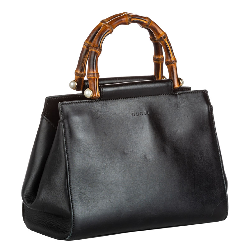 

Gucci Black Leather  Nymphaea Bamboo Top Handle Bag