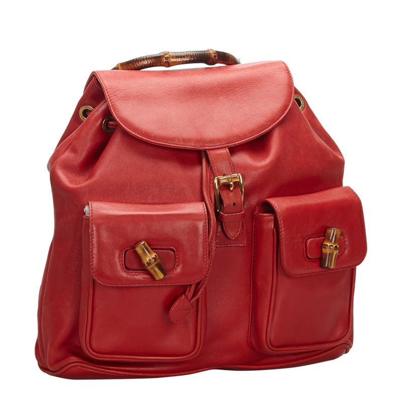 

Gucci Red Leather Bamboo Drawstring Backpack