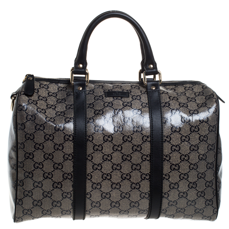 Pre Owned حقيبة غوتشي Joy Boston متوسطة كانفاس كريستال GG سوداء/ رمادية