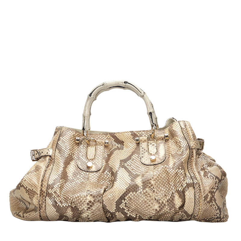 Pre-owned Gucci Brown Python Pop Leather Bamboo Top Handle Bag