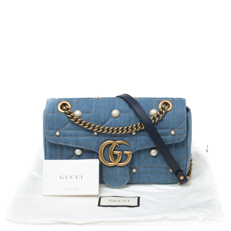 Gucci Small Denim GG Marmont Imitation Pearl Shoulder Bag - dress. Raleigh