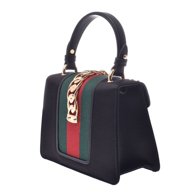 

Gucci Black Leather Mini Web Chain Beeds Sylvie Top Handle Bag