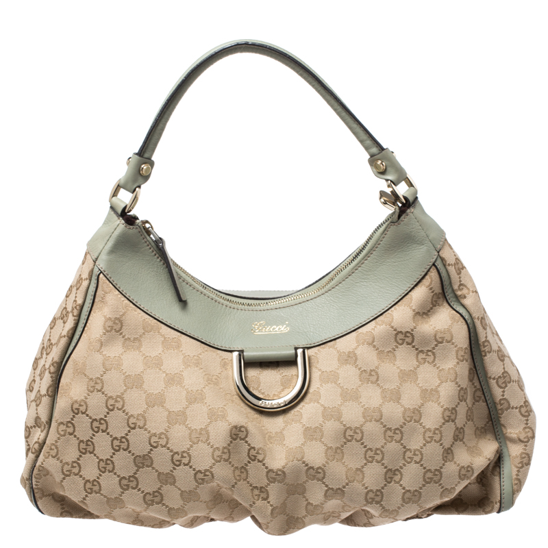 Pre-owned Gucci Beige/mint Green Gg Canvas Large D Ring Hobo