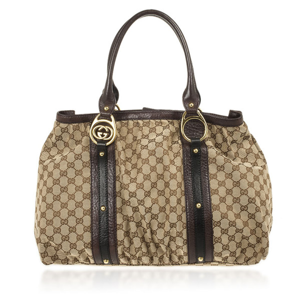 Pre Owned Gucci Monogram GG Canvas Interlocking Medium Tote With Interlocking G Ornament and Studs